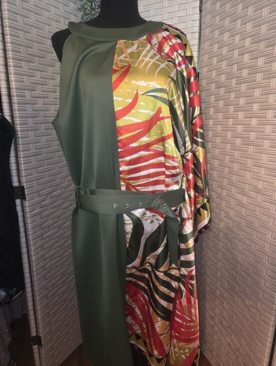 Ashley Stewart Dresses & Skirts - Ashley Stewart Olive Green and Red Tropical Belted Dress